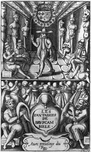 Titelside fra Les Fantaisies de Bruscambille, udgivet 1615 af French School