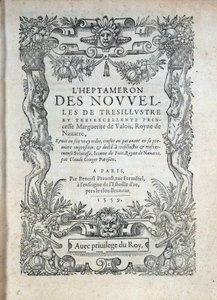 Titelside for "" Heptameronen""": fortællinger eller nyheder af Margarita af Navarra (Marguerite af Valois, Marguerite af Angouleme eller Marguerite af Frankrig (1492-1549) Navarra-dronning og digterinde af French School