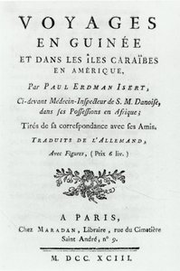 Titelblad for rejser i Guinea og de caribiske øer i Amerika af Paul Erdman Isert, udgivet 1743 af French School