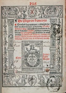 Titelblad fra en bog om kirurgi af Jean de Vigo (1460-1525) 1525 (træsnit) af French School