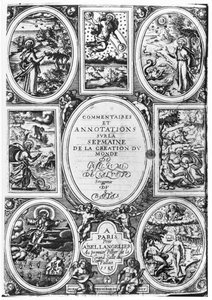 Titelblad for kommentarer og anmærkninger om ugen for verdens skabelse af Guillaume Sallust du Bartas (1544-90) 1583 af French School