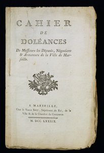 Titelblad til bogen med klager over deputerede, købmænd og skibsredere i Marseille, 1789 af French School