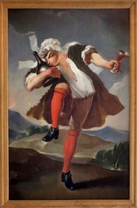 Til de tre forenede ordener. En mand, der repræsenterer præsten, noblessen og den tredje stat, holder et glas rødvin og kysser en flaske. Malet skilt af vinhandler. Anonymt maleri, revolutionær periode af French School