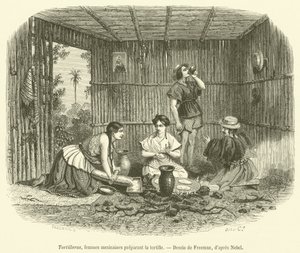 Tortilleras, mexicanske kvinder, der forbereder tortillaen (gravering) af French School