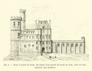 Nesle tårn og port, faksimile af en tegning af Louis Le Vau, tegnet i 1665, bevaret i arkivet af French School