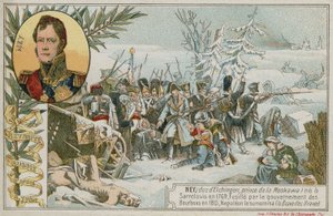 Handelskort med et billede, der viser tilbagetoget fra Rusland af French School