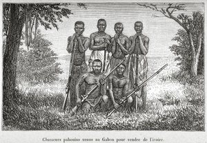 Traditionelt kostume af det oprindelige folk i Gabon, illustration fra 