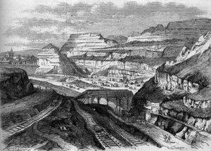 Transformationer af Paris under det andet imperium, Haussmannske Paris: transformation til en park af Buttes-Chaumont gipsbrud (Buttes Chaumont). Indgravering i ""Le Monde Illustre"" nr. 306 af 21. februar 1863. af French School