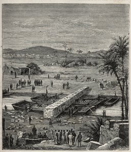 Transport af Ptolemæus Philadelphs obelisk (Ptolemaios Philadelphos) (Ptolemæus II) på Nilen til Alexandria - Indgravering i "" Videnskaber tilgængelige for alle - Populær fysik og kemi"" af Alexis Clerc - Slutningen af det 19. århundrede - Privat samling af French School