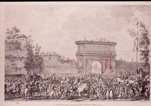 De franske tropper under Napoleon Bonaparte går triumferende ind i Milano den 15. maj. af French School