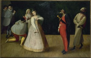 Trup af italienske komikere (Gelosi), ca. 1580 (olie) af French School