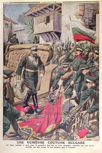 Tsar Ferdinand I (1861-1948) fra Bulgarien går over erobrede flag under Balkankrigen i 1912, november 1912 af French School