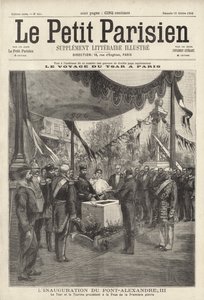 Zar Nicholas II og Tsarina Alexandra af Rusland ved en ceremoni, der lægger den første sten til Pont Alexandre III i Paris under deres besøg i Frankrig af French School