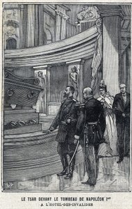 Zar Nikolaj II af Rusland (1868 -1918) og tsarina Alexandra Fiodorovna Romanova (1872-1918) foran Napoleon I Bonapartes grav på Hotel des Invalides i Paris i "Le Petit Parisien" af French School
