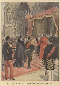 Zar Nicholas II af Rusland ved Reims-katedralen under sit besøg i Frankrig (farve litho) af French School