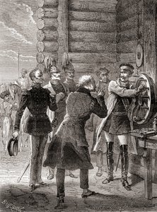 Zar Nicholas I indviede semafor-telegraflinjen mellem Moskva og Warszawa i 1833 ved hjælp af en modifikation af Claude Chappes semaforsystem, fra Les Merveilles de la Science, udgivet ca. 1870 (gravering) af French School