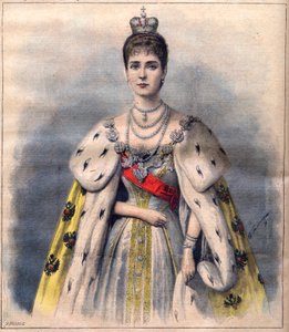 Tsarina Alexandra af Rusland i sine kroningsdragter - Tsarina Alexandra Fiodorovna i det helliges kostume. Illustration til Le Petit Journal, 24. maj 1896 (gravering) af French School