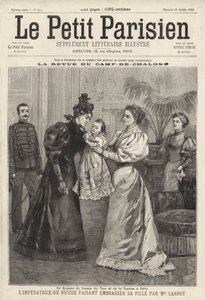 Tsarina Alexandra af Rusland inviterer den franske præsident Sadi Carnots enke til at kysse sin datter, storhertuginde Olga, under den russiske kejserfamilies besøg i Paris af French School