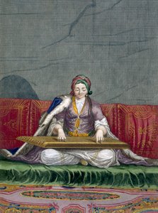 Tyrkisk pige, der spiller på et klaviaturplukkeinstrument, fra Collection of One Hundred Prints Representing the Different Nations of the Levant af Charles de Ferriol, indgraveret af Gerard Scotin (1671-1716) af French School