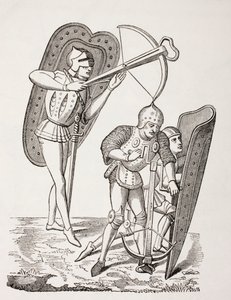 To franske armbrøstskytter fra det 15. århundrede, den ene affyrede sit våben, den anden ladede det med et ankerspil, begge beskyttet af pavises, fra 