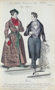 To elegante unge mænd, 1835 (farvegravering) af French School