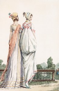 To Damer i Promenadekjoler, 1796 99:female; traditionelle kostume; traditionel kjole; mode; c18th; gå; tilbage; hvide kjoler; motorhjelm; motorhjelmer; hatte; parkere; have; af French School