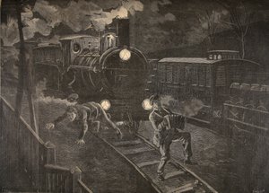 To mænd ramt af et tog illustration fra Le Petit Journal: Supplement illustre, 1898 af French School