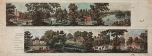 To udsigter over Mortefontaine Park med billedtekster (ætsning med wc på papir) af French School