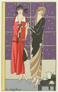 Two women having tea and dressed in designs by by Jean Patou and Beer, from Art-Goût-Beauté pub. 1924dani af French School