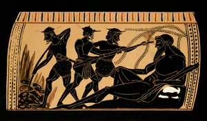 Ulysses og hans kammerater stikker øjet ud af kyklopen Polyphemus, illustration fra en antik græsk vase, 1887 af French School