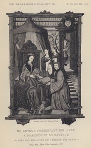 En forfatter præsenterer sin bog for Marguerite De Navarre (litho) af French School