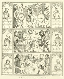 Un Charivari, au quatorzieme siecle, Roman de Fauvel (kobberstik) af French School