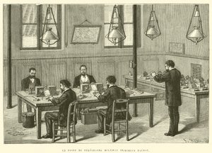 Et indlæg fra multitelegrafprinteren Baudot (gravering) af French School
