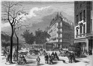Et af de første "tilflugtssteder"" for fodgængere, der krydser boulevarderne i Paris, etableret mellem boulevard des Capucines og boulevard de la Madeleine af French School