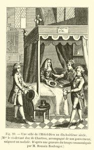 Et værelse på Hotel-Dieu i det attende århundrede, Mgr. den ci-devante hertug af Chartres, ledsaget af sin guvernør, blødende en patient, Efter en gravering af tiden meddelt af M Romain Boulenger (eng. af French School