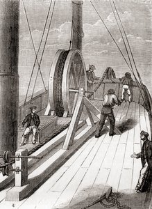 Afvikling af søkablet fra Dover til Calais ombord på Blazeren, 25. december 1851, fra Les Merveilles de la Science, udgivet ca. 1870 (gravering) af French School