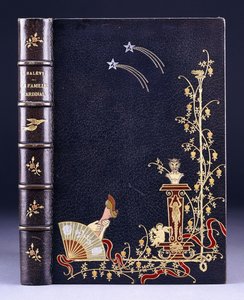 Øverste bogomslag af to stjerneskud, en fakkel, løv, faun på piedestal, putto og et ben bag en vifte, 1893 af French School