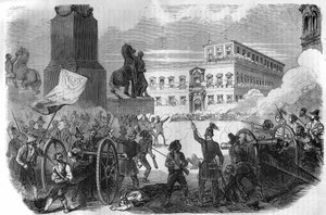 Opstand i Bologna: væltning af den pavelige regering under Gregoire XVI Pave fra 1831 til 1846. Indgravering i "Histoire des Papes-Rois-Queen and Empereurs a travers les centuries" af Maurice Lachatre af French School