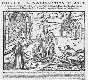 Urbain Grandier brændte på bålet efter begivenhederne i Loudun-besiddelsen, 1634 (trægravering)