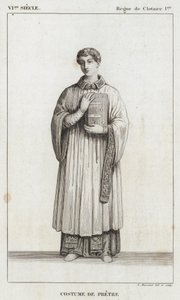 VI Century, Reign of Clotaire I, Præstedragt (gravering) af French School