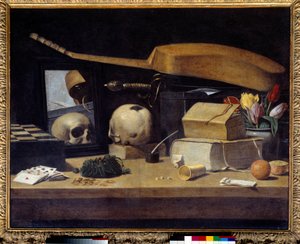 Vanitas Still Life (Vanite) med kortspil, instrument og kranium. Maleri af den franske skole. 17. århundrede. Søn 0,72x0,9 m af French School