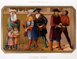 Forskellige dragter af borgerskabet i det 16. århundrede - kromo. 1800-tallet baseret på periodedokument af French School