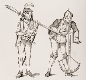 Varlet eller Squire, der bærer en tykbladet hellebard og en bueskytte, der tegner en armbrøst med dobbelthåndsspil, efter en miniature fra det 15. århundrede, fra Le Moyen Age et La Renaissance af Paul Lacroix ( af French School