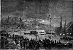 Venetiansk fest ved Annecy-søen i anledning af besøget af Napoleon III og imponeren Eugenie de Montijo. Annecy, Haute Savoie (74) af French School