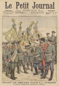 Den russiske veterangeneral Mikhail Dragomirov kysser flaget for et regiment, der drager ud i den russisk-japanske krig (farvelitografi) af French School