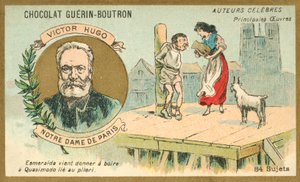 Victor Hugo, fransk forfatter, og en scene fra hans roman Notre Dame de Paris (chromolitho) af French School
