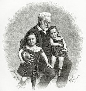 Victor Hugo og hans børnebørn, 1800-tallet (bw-gravering) af French School