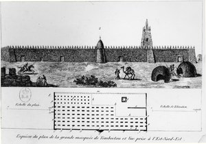 Udsigt og plan over den store moske i Timbuktu, fra Journal dun voyage a Tombouctou af Rene Caillie (1799-1838), 1830 af French School