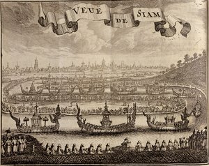 Udsigt over Ayutthaya med kongelige pramme, fra Voyage du Siam des Peres Jesuites af Guy Tachard, 1688 af French School
