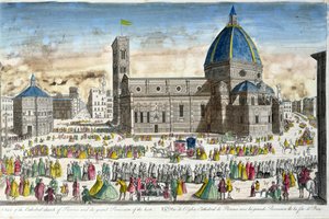 Udsigt over Firenze-katedralen og værtens store procession af French School